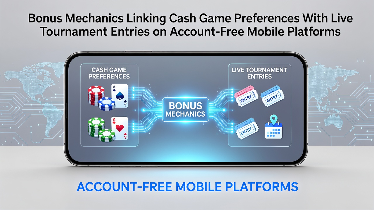 Mobile poker interface displaying bonus promotions connecting cash games and tournament entries