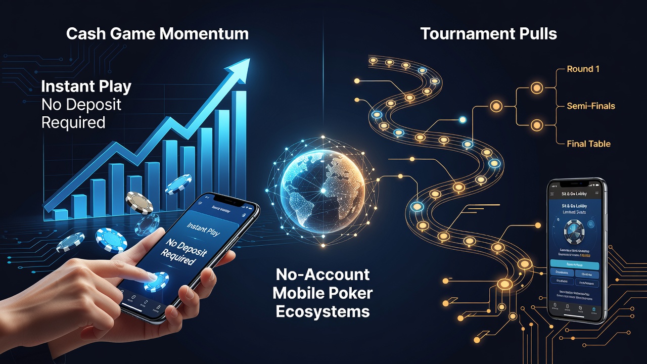 Split view of mobile poker cash tables and ongoing tournament progress in registration-free environment