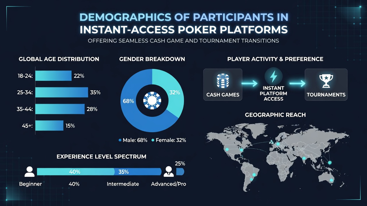 Diverse group of poker players engaging on mobile devices with seamless cash game and tournament interfaces
