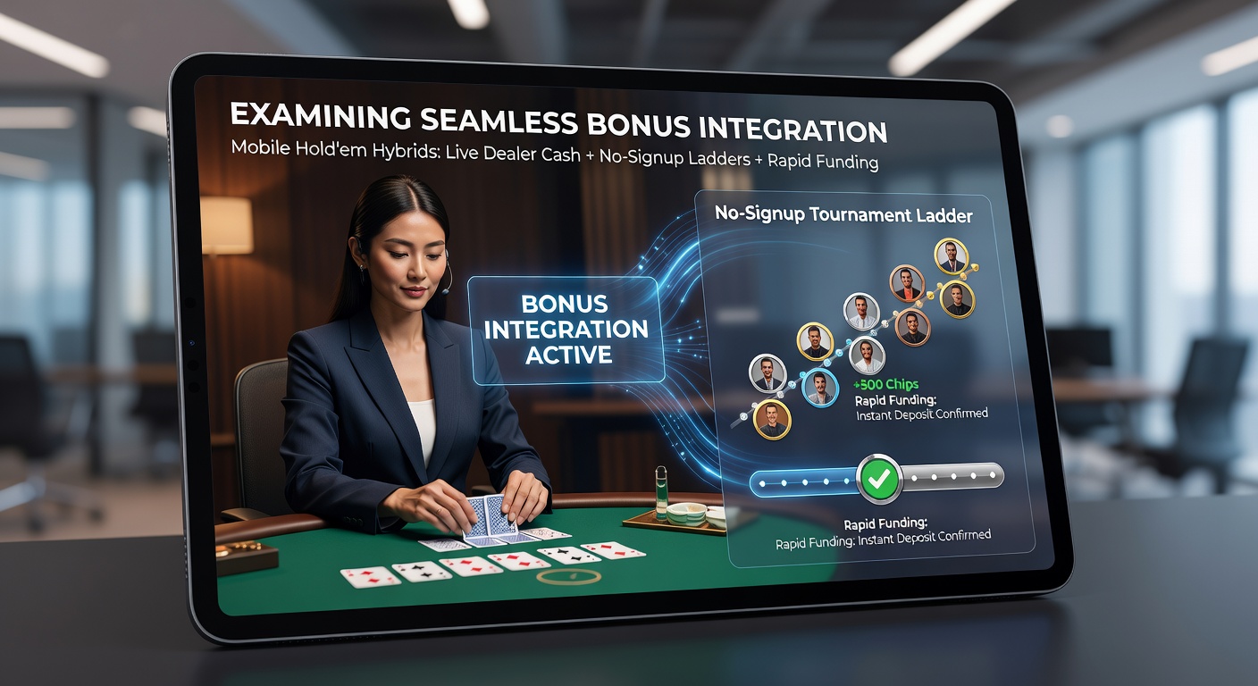 Mobile hold'em hybrid platform displaying integrated bonus overlays during live dealer cash sessions and tournament entry points