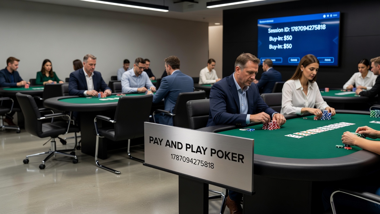Players engaging with pay and play poker tables across different mobile devices in a modern setting