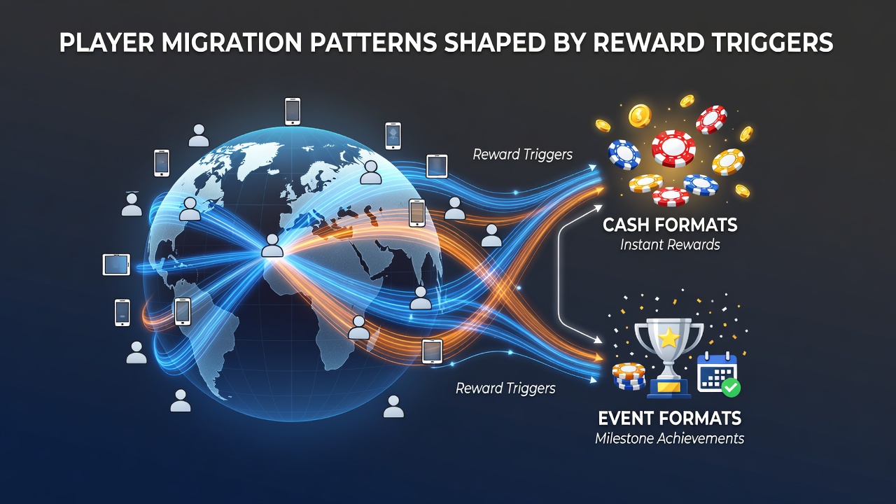 Mobile poker interface showing cash game tables transitioning to tournament lobbies with reward indicators