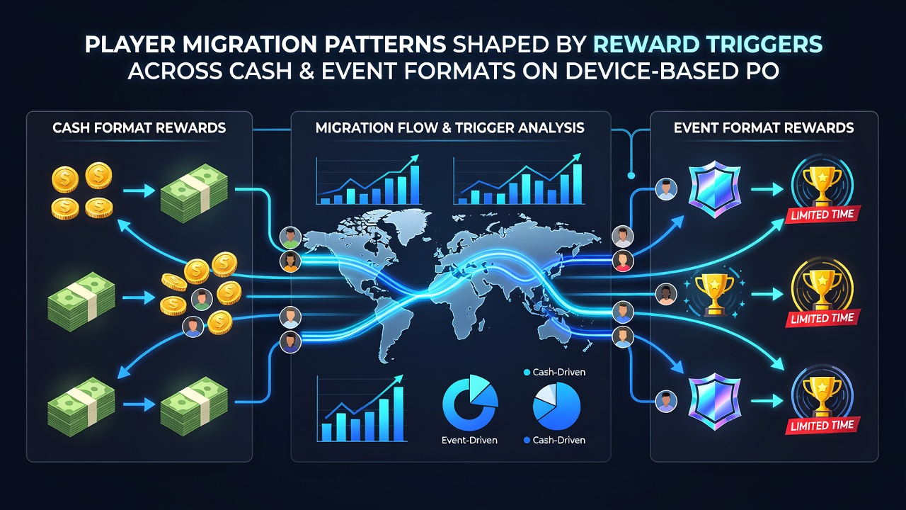 Analytics dashboard displaying player flow between cash tables and tournament events on mobile poker platforms