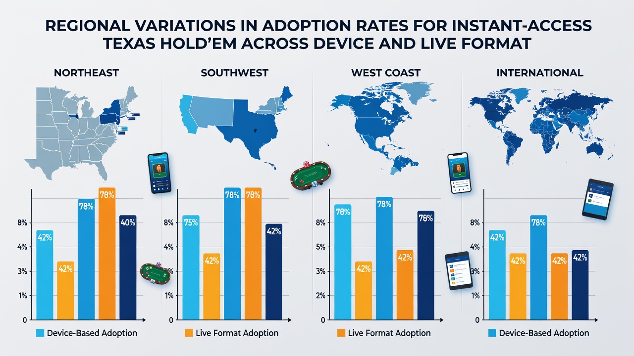Chart displaying adoption statistics for device and live Texas Hold'em formats broken down by geographic regions in 2026