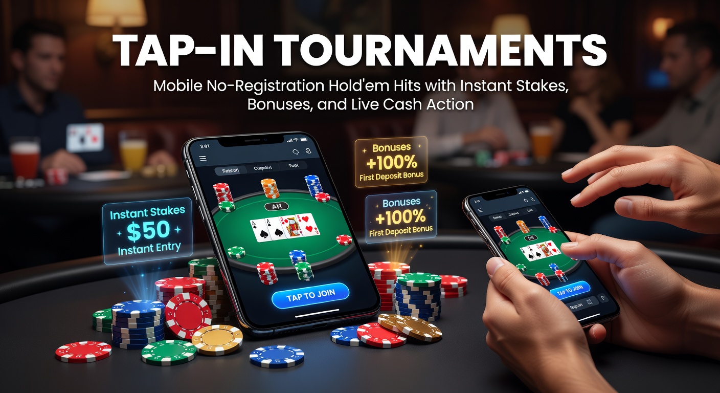 Mobile screen showing a tap-in poker tournament lobby with instant entry buttons and bonus notifications