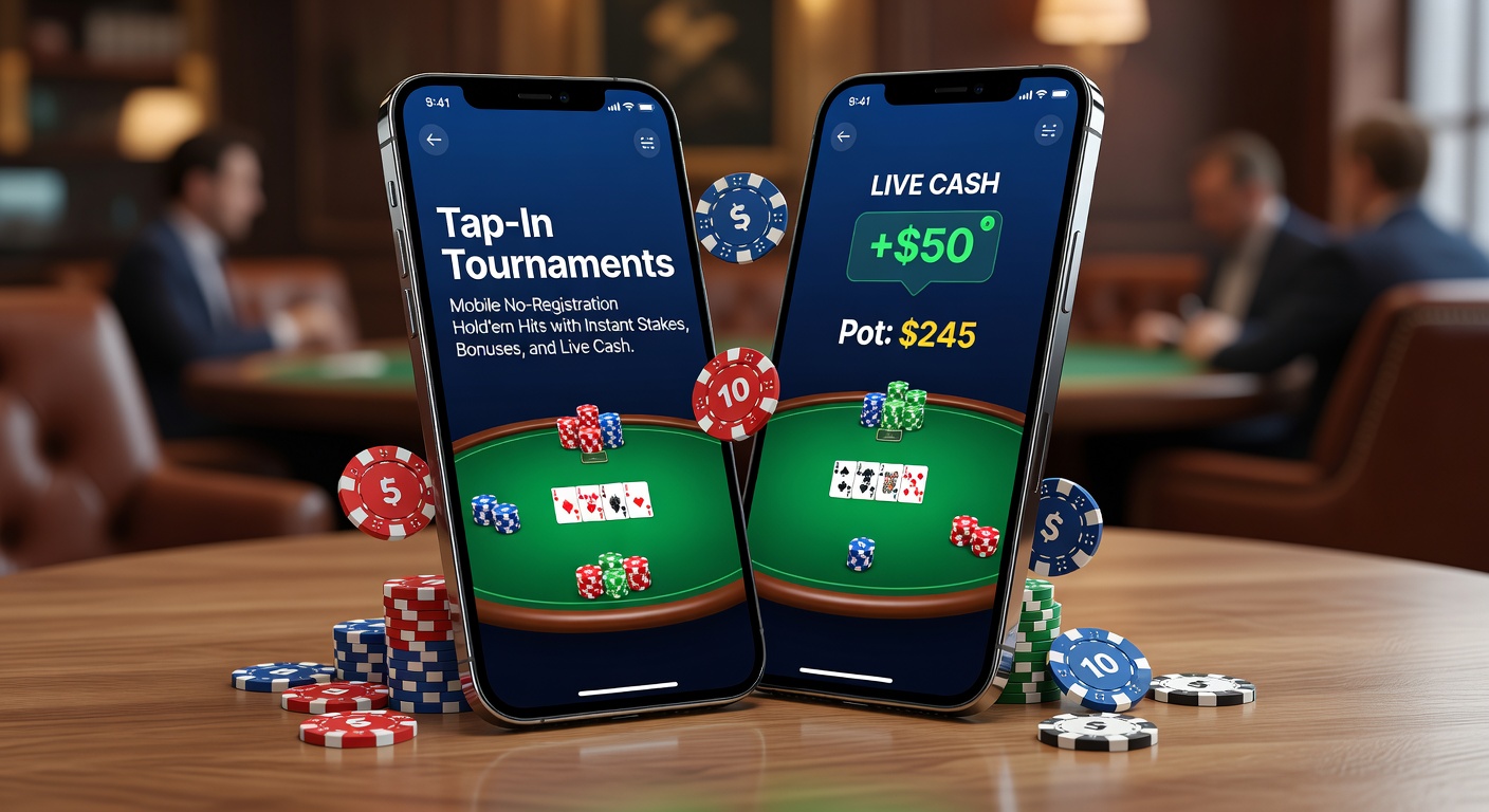 Close-up of a poker hand in a tap-in tournament transitioning to a live cash game table on mobile