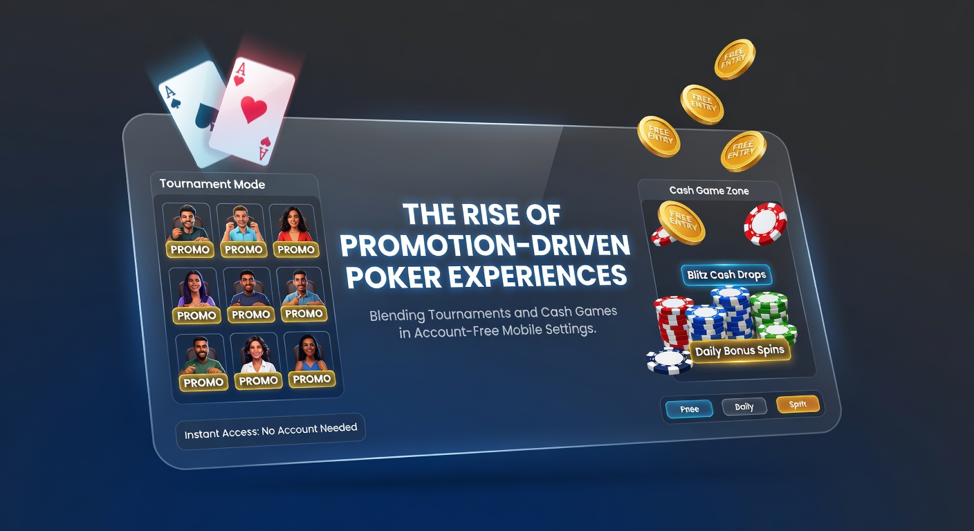 Mobile poker interface showing blended tournament and cash game options with instant promotion banners