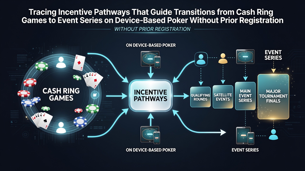 Diagram showing incentive pathways guiding players from cash ring games to tournament events on mobile poker platforms without registration