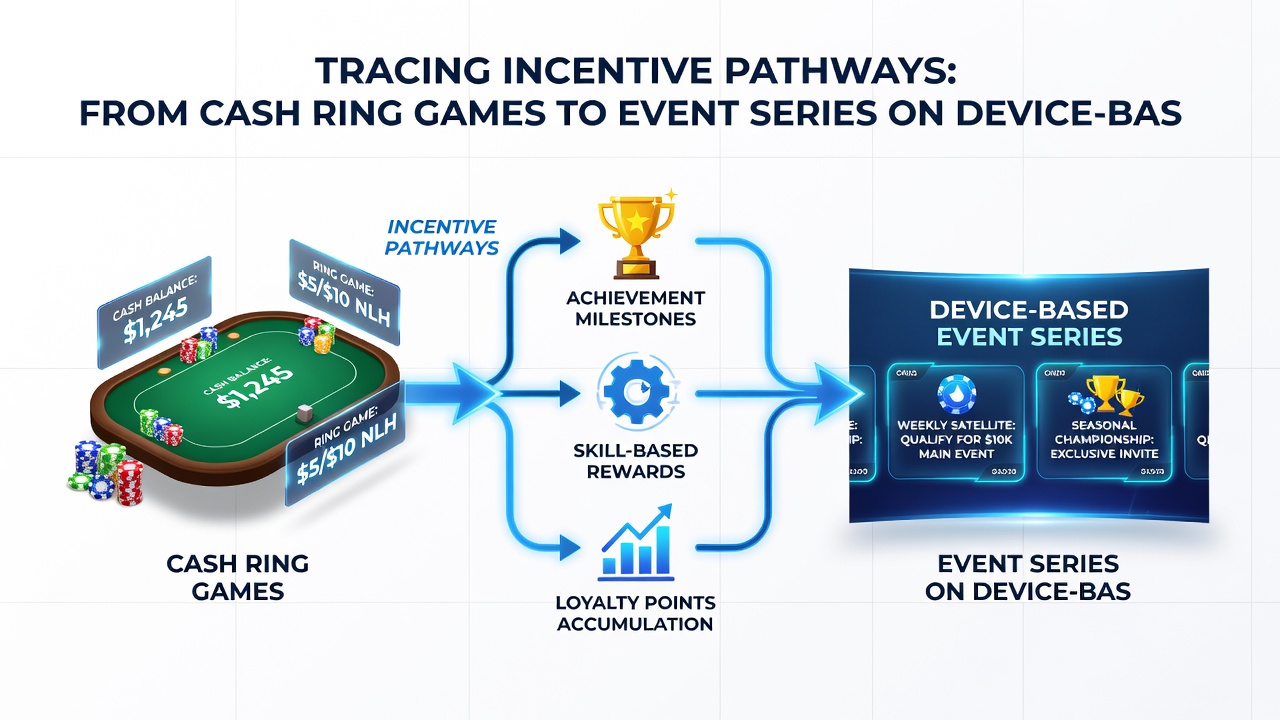 Chart illustrating player transitions between cash games and event series driven by mobile poker incentives
