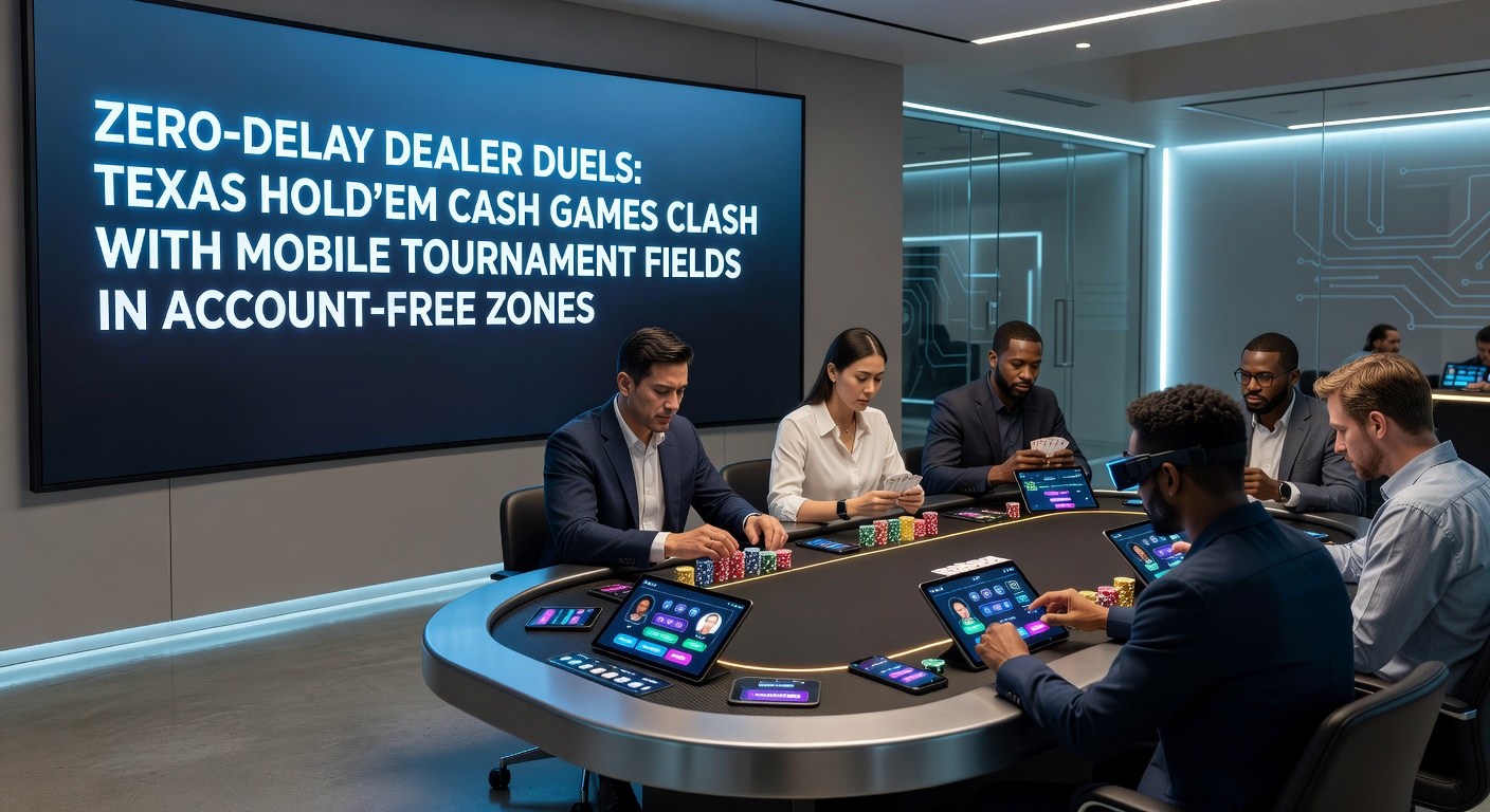 Live dealer at a Texas Hold'em table in a high-tech studio, cards flying with zero lag on screens