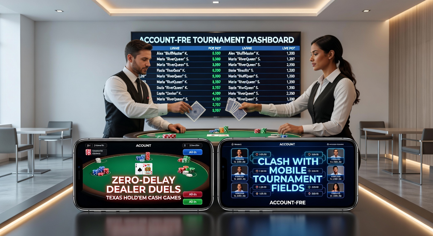 Mobile phone screen showing a bustling Texas Hold'em tournament lobby with entry buttons and leaderboards in an account-free app